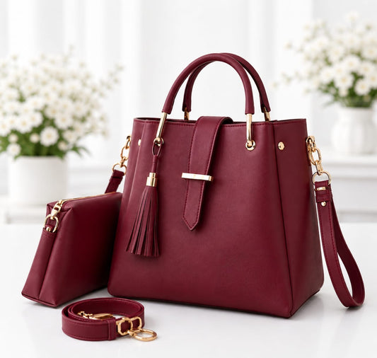 Premium Burgundy Structured Tote Bag with Matching Pouch & Adjustable Strap
